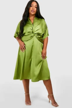 Midi Dresses*boohoo Plus Satin Twist Front Angel Sleeve Midi Dress light khaki