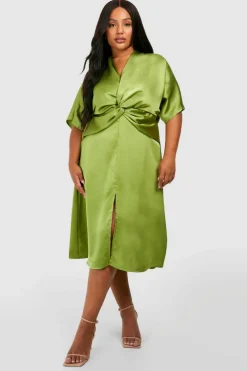 Midi Dresses*boohoo Plus Satin Twist Front Angel Sleeve Midi Dress light khaki