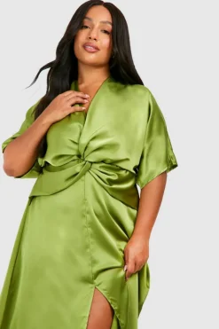 Midi Dresses*boohoo Plus Satin Twist Front Angel Sleeve Midi Dress light khaki