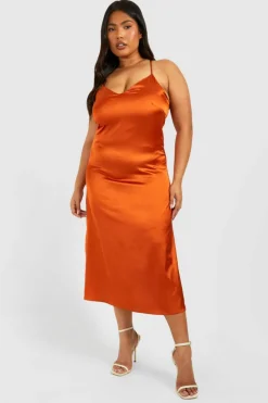 Midi Dresses*boohoo Plus Satin V Neck Split Midi Dress burnt orange