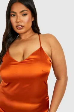 Midi Dresses*boohoo Plus Satin V Neck Split Midi Dress burnt orange