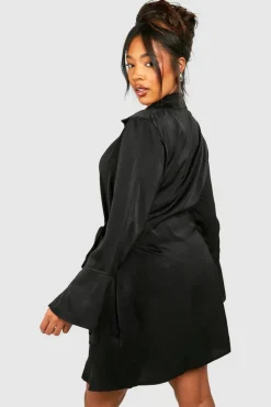 Shirt Dresses|Wrap Dresses*boohoo Plus Satin Wrap Shirt Dress black