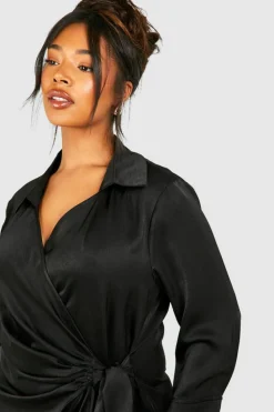 Shirt Dresses|Wrap Dresses*boohoo Plus Satin Wrap Shirt Dress black