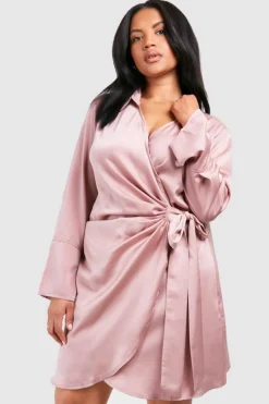 Shirt Dresses|Wrap Dresses*boohoo Plus Satin Wrap Shirt Dress dusky pink