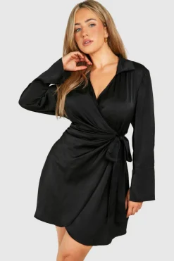 Shirt Dresses|Wrap Dresses*boohoo Plus Satin Wrap Shirt Dress black