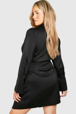 Shirt Dresses|Wrap Dresses*boohoo Plus Satin Wrap Shirt Dress black