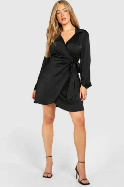 Shirt Dresses|Wrap Dresses*boohoo Plus Satin Wrap Shirt Dress black