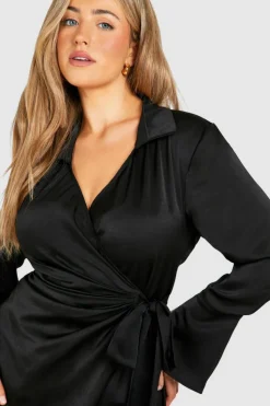 Shirt Dresses|Wrap Dresses*boohoo Plus Satin Wrap Shirt Dress black