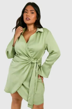 Shirt Dresses|Wrap Dresses*boohoo Plus Satin Wrap Shirt Dress sage