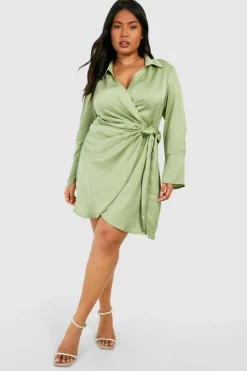 Shirt Dresses|Wrap Dresses*boohoo Plus Satin Wrap Shirt Dress sage