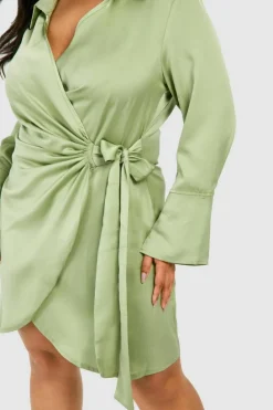 Shirt Dresses|Wrap Dresses*boohoo Plus Satin Wrap Shirt Dress sage