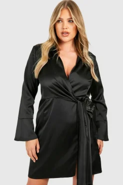 Wrap Dresses*boohoo Plus Satin Wrap Tie Belt Dress black
