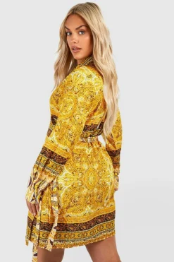 Shirt Dresses*boohoo Plus Scarf Print Tie Waist Shirt Dress black