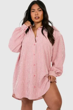 Shirt Dresses*boohoo Plus Seersucker Stripe Ultimate Oversized Shirt Dress rust