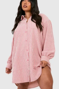 Shirt Dresses*boohoo Plus Seersucker Stripe Ultimate Oversized Shirt Dress rust