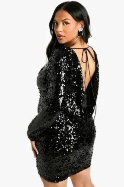 Bodycon Dresses|Mini Dresses*boohoo Plus Sequin Cowl Back Long Sleeve Mini Dress black