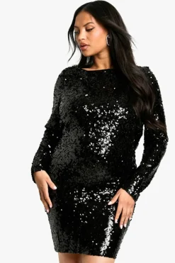 Bodycon Dresses|Mini Dresses*boohoo Plus Sequin Cowl Back Long Sleeve Mini Dress black