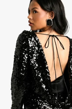 Bodycon Dresses|Mini Dresses*boohoo Plus Sequin Cowl Back Long Sleeve Mini Dress black