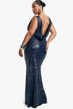 Maxi Dresses*boohoo Plus Sequin High Neck Cowl Back Maxi Dress navy