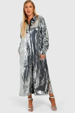 Shirt Dresses*boohoo Plus Sequin Midaxi Shirt Dress silver