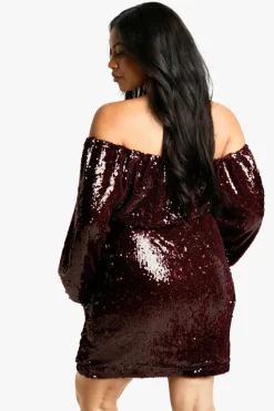 Bodycon Dresses|Mini Dresses*boohoo Plus Sequin Off Sholder Ruched Mini Dress malbec