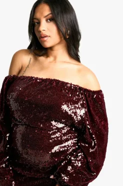 Bodycon Dresses|Mini Dresses*boohoo Plus Sequin Off Sholder Ruched Mini Dress malbec