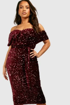 Wrap Dresses|Midi Dresses*boohoo Plus Sequin Off The Shoulder Wrap Midi Dress berry