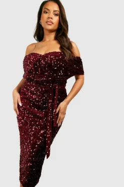Wrap Dresses|Midi Dresses*boohoo Plus Sequin Off The Shoulder Wrap Midi Dress berry