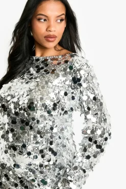 Bodycon Dresses|Mini Dresses*boohoo Plus Sequin Ruched Long Sleeve Mini Dress silver