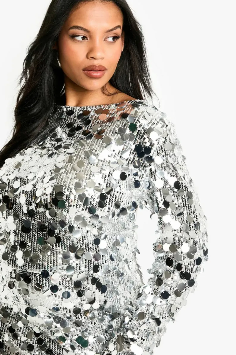 Bodycon Dresses|Mini Dresses*boohoo Plus Sequin Ruched Long Sleeve Mini Dress silver