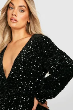 Skater Dresses*boohoo Plus Sequin Ruched Waist Skater Dress black