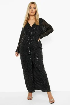 Smock Dresses|Maxi Dresses*boohoo Plus Sequin Split Maxi Dress black