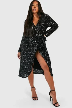 Wrap Dresses|Midi Dresses*boohoo Plus Sequin Tie Belt Wrap Midi Dress black