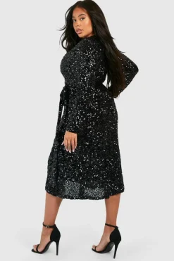 Wrap Dresses|Midi Dresses*boohoo Plus Sequin Tie Belt Wrap Midi Dress black