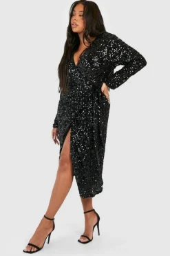 Wrap Dresses|Midi Dresses*boohoo Plus Sequin Tie Belt Wrap Midi Dress black