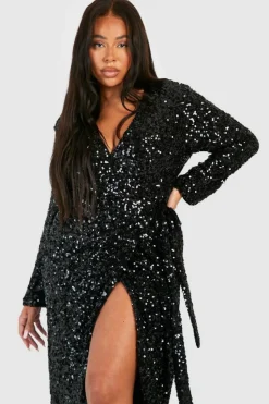 Wrap Dresses|Midi Dresses*boohoo Plus Sequin Tie Belt Wrap Midi Dress black