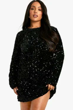 Mini Dresses|Long Sleeve Dresses*boohoo Plus Sequin Velvet Bow Back Shift Dress black