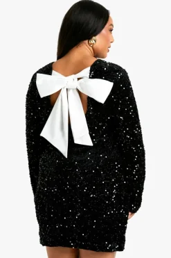 Mini Dresses|Long Sleeve Dresses*boohoo Plus Sequin Velvet Bow Back Shift Dress black