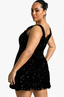 Skater Dresses*boohoo Plus Sequin Velvet Skater Dress black