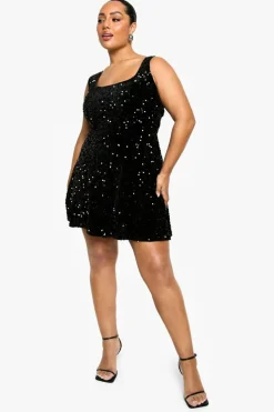 Skater Dresses*boohoo Plus Sequin Velvet Skater Dress black