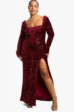 Maxi Dresses*boohoo Plus Sequin Velvet Split Maxi Dress berry