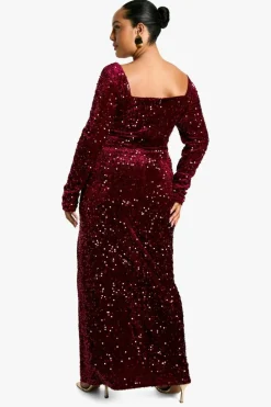 Maxi Dresses*boohoo Plus Sequin Velvet Split Maxi Dress berry