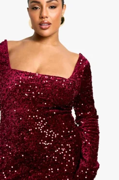 Maxi Dresses*boohoo Plus Sequin Velvet Split Maxi Dress berry