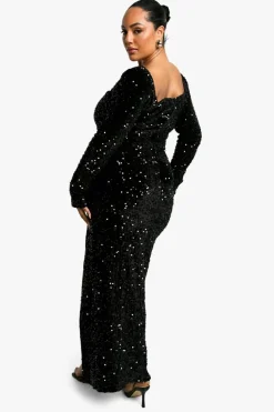 Maxi Dresses*boohoo Plus Sequin Velvet Split Maxi Dress black