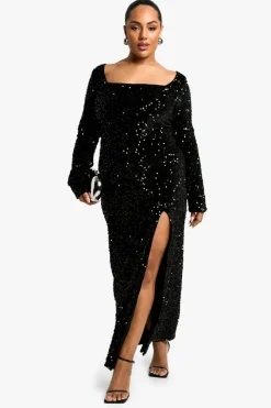 Maxi Dresses*boohoo Plus Sequin Velvet Split Maxi Dress black
