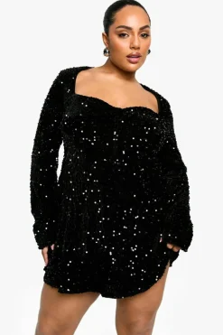 Skater Dresses|Mini Dresses*boohoo Plus Sequin Velvet Sweetheart Skater Dress black