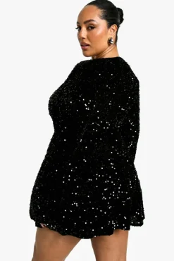 Skater Dresses|Mini Dresses*boohoo Plus Sequin Velvet Sweetheart Skater Dress black
