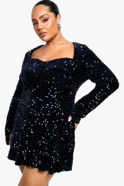 Skater Dresses*boohoo Plus Sequin Velvet Sweetheart Skater Dress navy