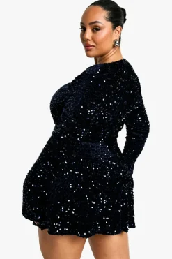 Skater Dresses*boohoo Plus Sequin Velvet Sweetheart Skater Dress navy