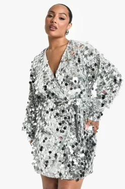 Wrap Dresses|Mini Dresses*boohoo Plus Sequin Wrap Dress silver